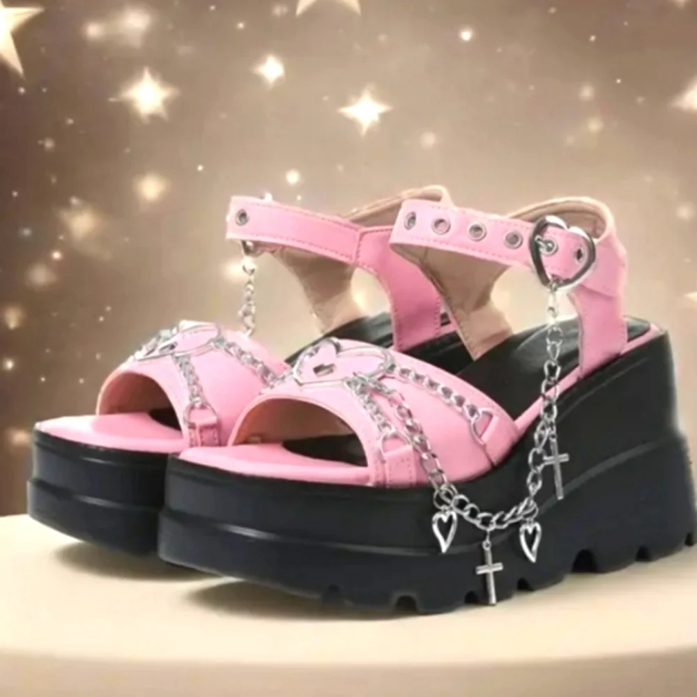 Pink Platform Sandals with Heart Accents Sz 6